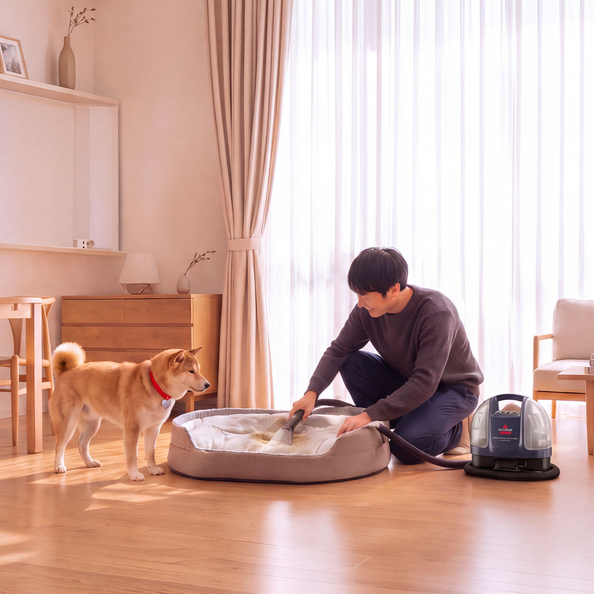 柴犬のそばで男性がペットベッドを掃除する、日本向けのBISSELL